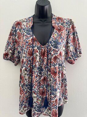 Rain Size M Floral Peasant Blouse Ivory Navy Tassel Tie Boho